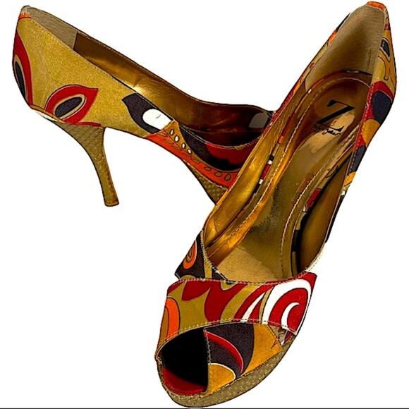 Sergio Zelcer Handmade Platform Retro Mod Print Peep Toe Platform Shoe Size 8 - Picture 3 of 11